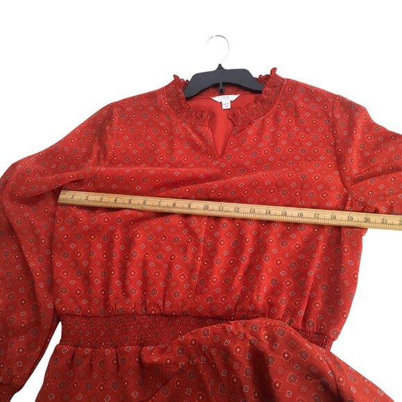 Boho Handkerchief hem Dress Women Large 12/14 red Orange print Long Sleeve - Picture 11 of 16